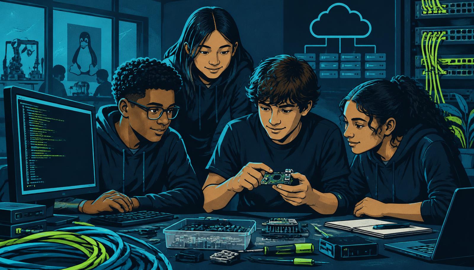 Students building technology projects with guidance from an instructor
